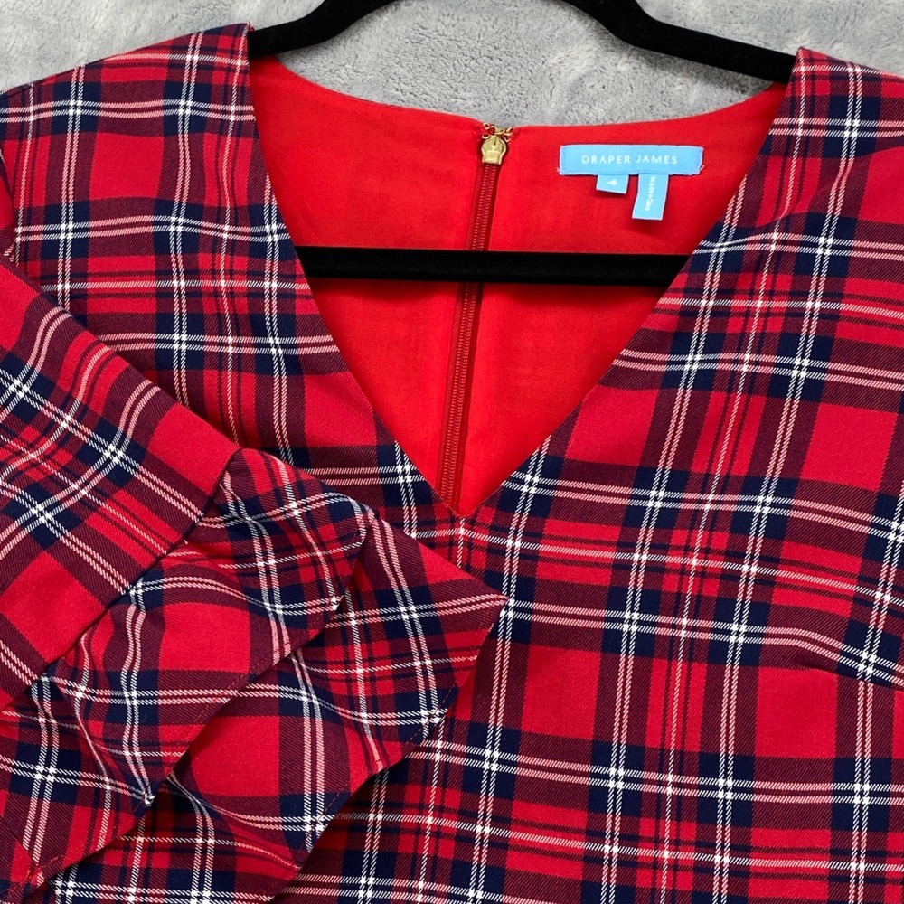 Draper James Red Plaid‎ V-Neck Shift Dress Size 4 Tiered Ruffle Bell Sleeves